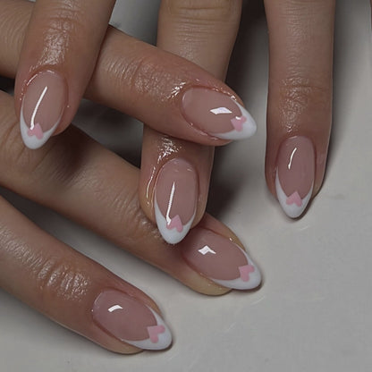 Simple French white edge press on nails nail piece short almond nail art pink love removable fake nail wholesale£ü365nails