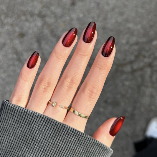 Y2K Cool Spicy Red Smudge Contrast Short Almonds press-on nails